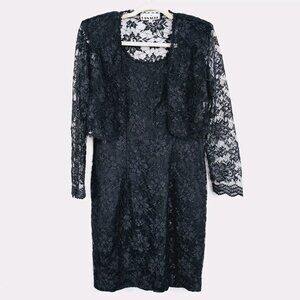 Vintage Panache Bolero Jacket Midi Dress 8 Black Lace Whimsigoth Witchy Cocktail